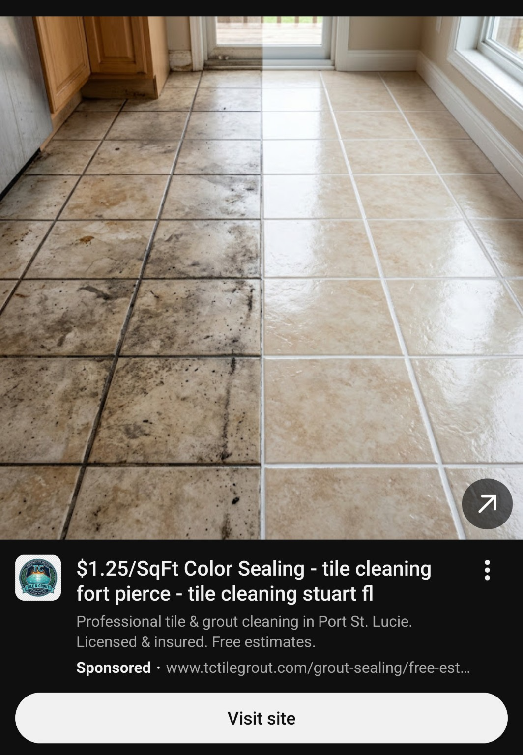 Contractor advertisement showing tile and grout color sealing at $1.25 per square foot